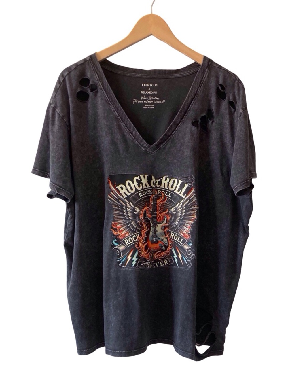 Custom Upcycled Torrid Distressed Rock & Roll Graphic Tee Washed Black Size 2 - Picture 8 of 9